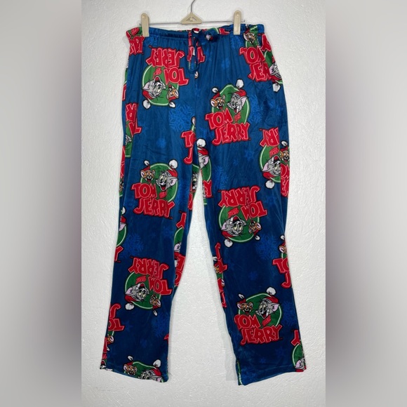 Tom & Jerry Fleece Pajama Pants Blue Cartoon Lounge Christmas Holiday Size XLG - Picture 2 of 6
